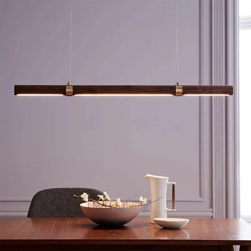 Wooden Long Chandelier Dining Table Decoration Hanging Lighting For Ceiling Dining Room Pendant Lamp Copper Walnut Led Ligh