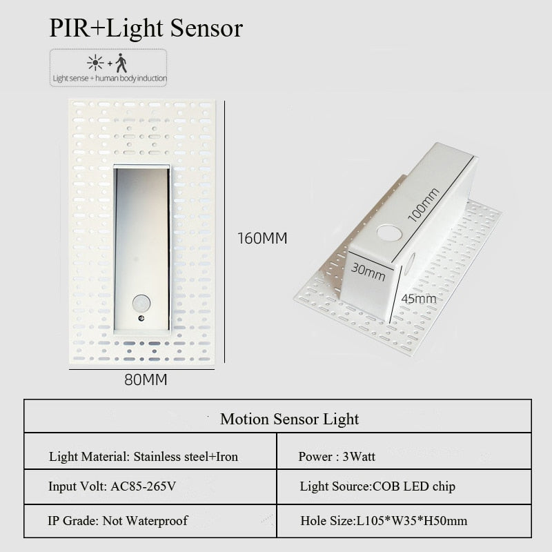 Recessed Motion Detect LED Wall Lamp Frameless 3W Step StairCase Lighting For Home Channel Corridor Hotel Indoor Night Footlight