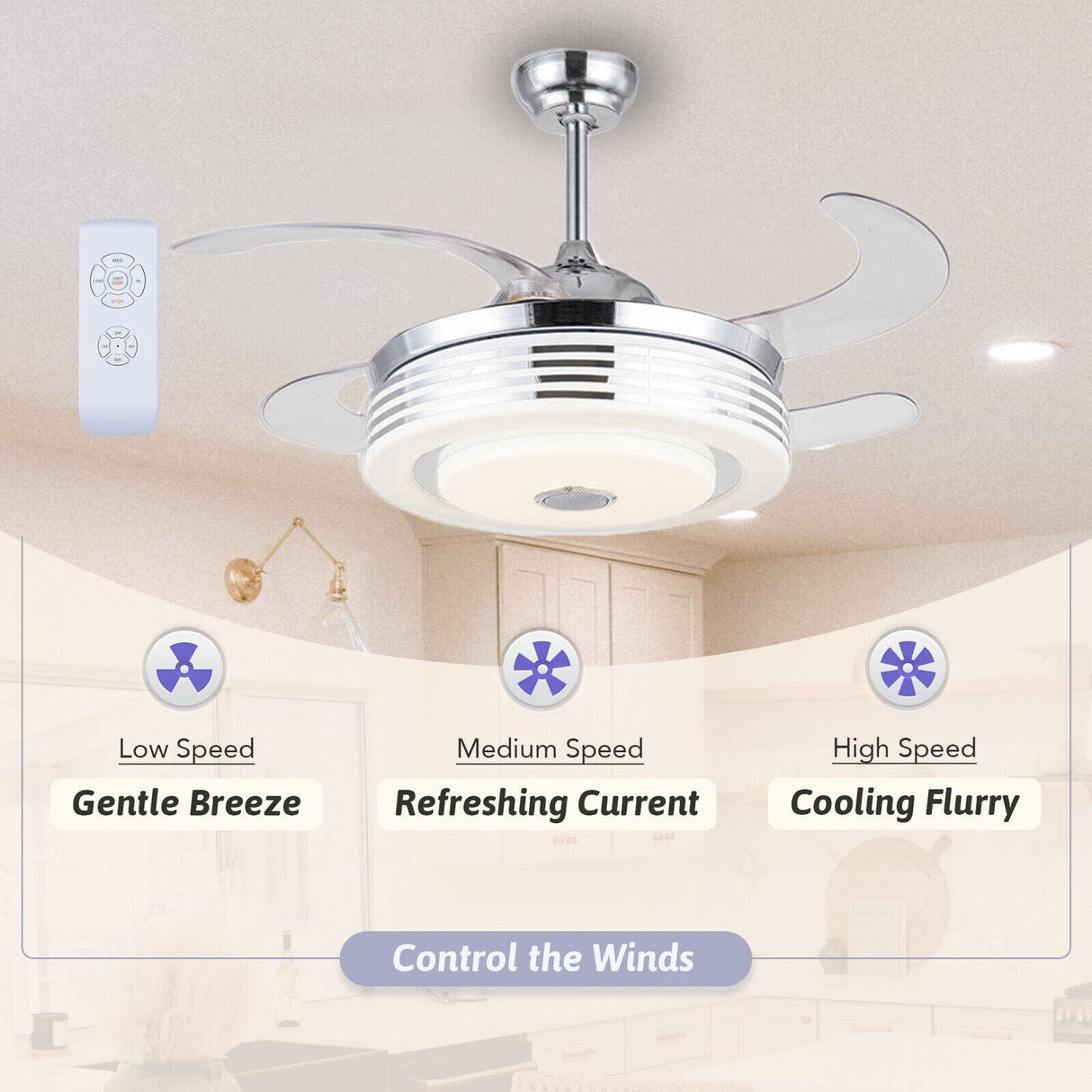 42" Invisible Ceiling Fan w/ Light Lamp Bluetooth 7-Color LED Chandelier w/ Bluetooth Music Player Speaker Remote Control