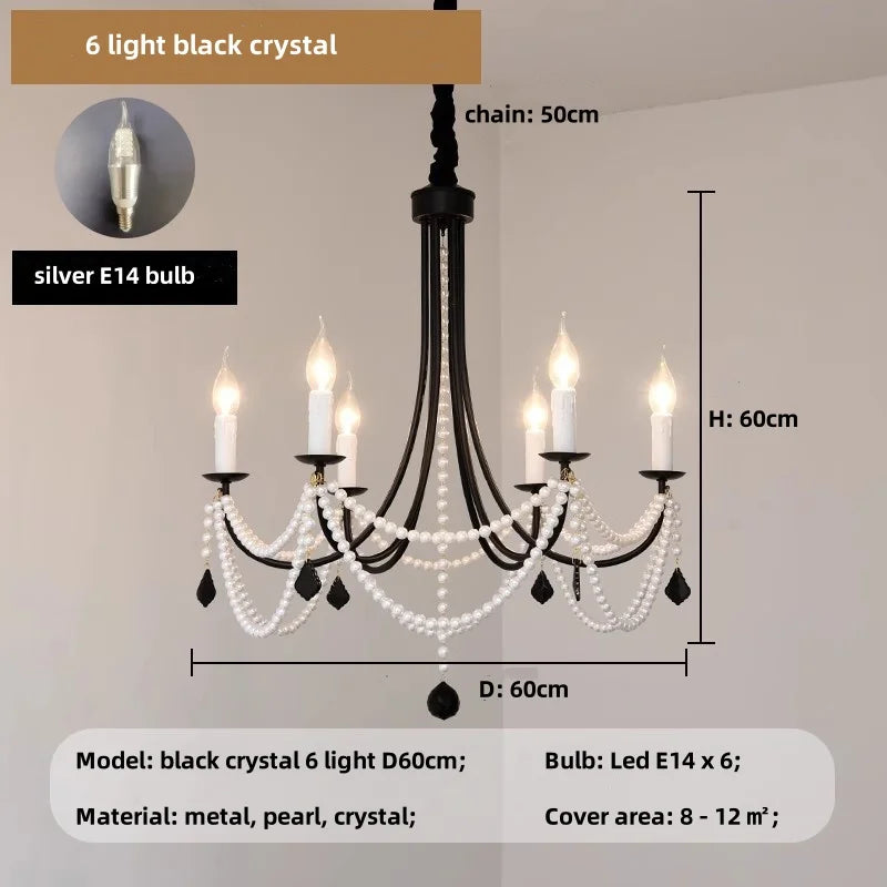 American Retro Candle Chandelier Living Room Black Metal E14 Led Pendant Lights Home Decor Pearl Led Lamparas Hanging Lamp