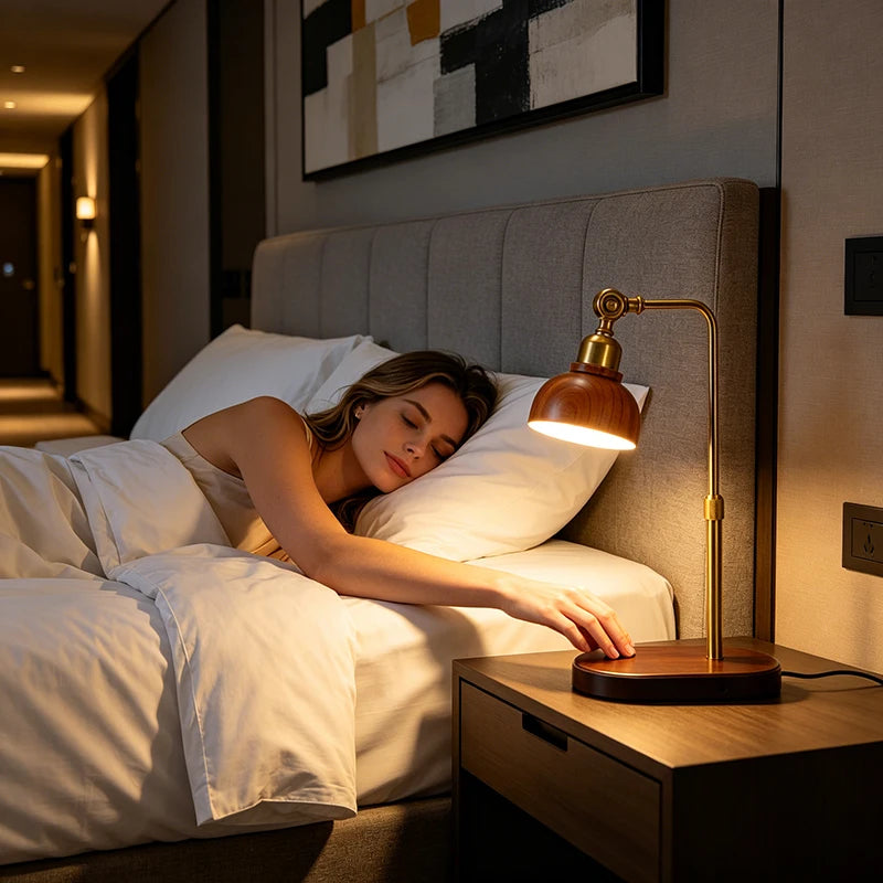 Wooden Table Lamp Three-color Lights Desk Lamp Height Adjustable and Dimmable Brightness Bedside Lamp Night Light for Home