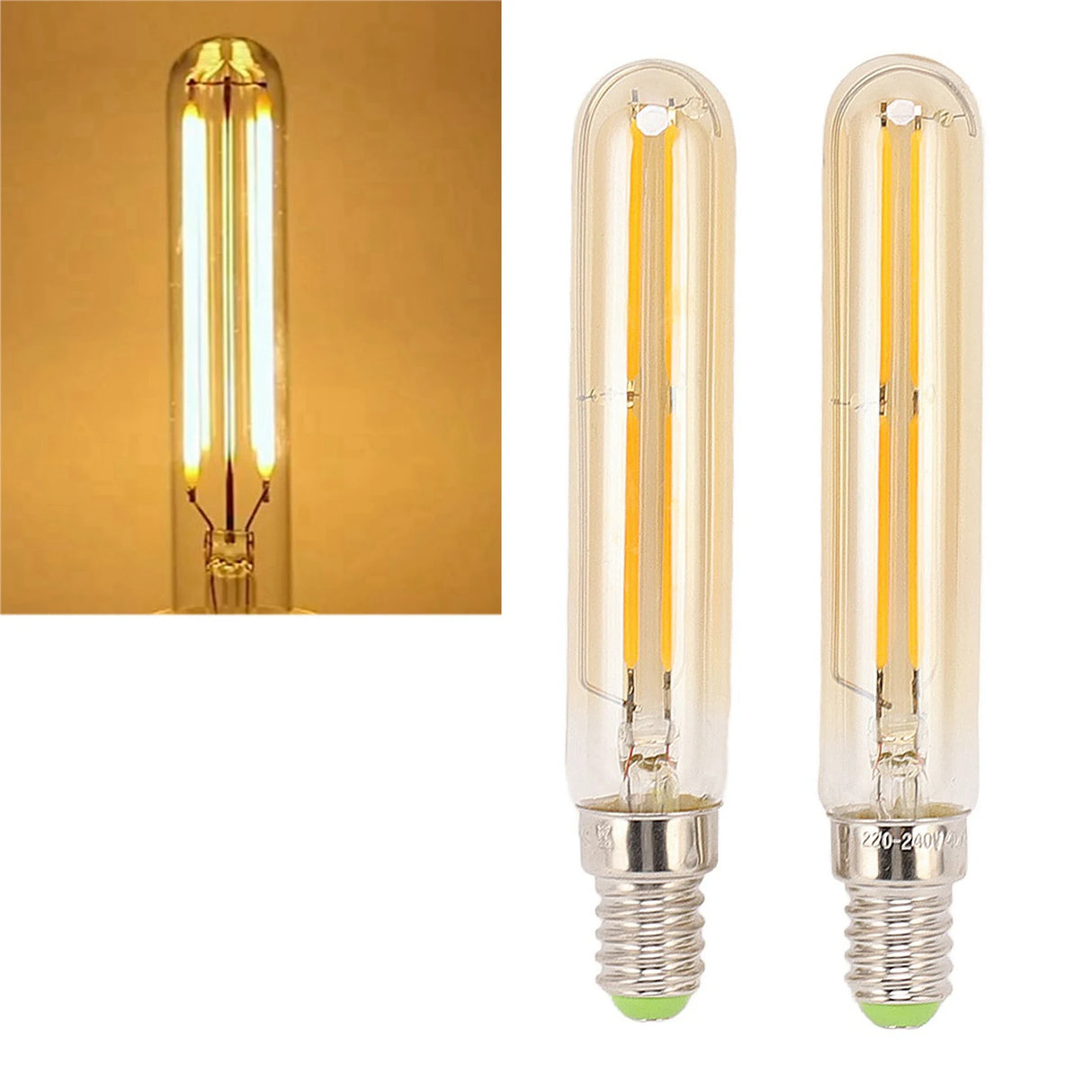2Pcs E14 LED Tubular Light Bulbs - 4W 2300K Warm Amber T20x120 Filament Lamp