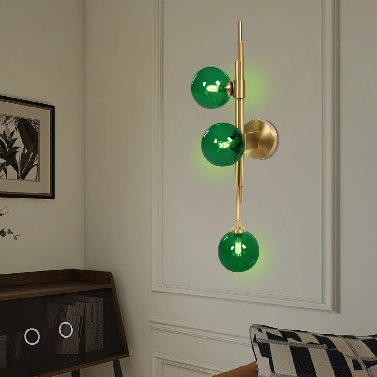 Emerald Green Glass Wall Lamp with Gold Finish, 3 G9 LED Bulbs Included 2700K Warm Light for Bedroom Living Room, Indoor Wall