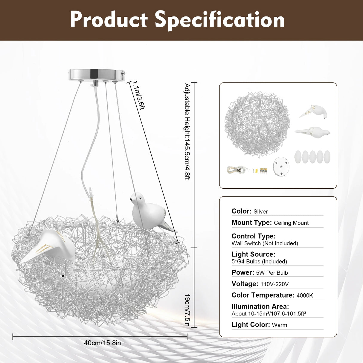 Modern Bird Nest Chandelier LED Ceiling Light 25W 4000K Aluminum Silver for Living Room Dining Room Bedroom Lighting