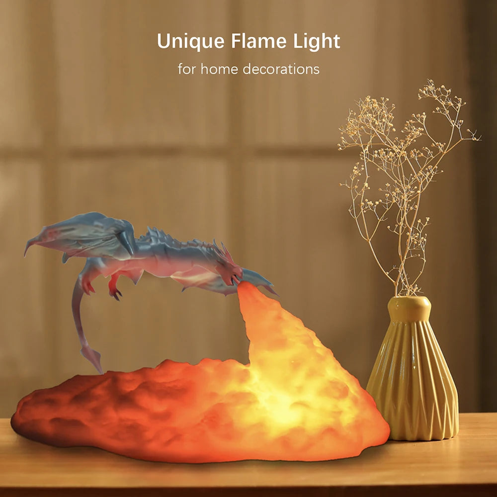 3D Printed LED Fire Dragon Night Light (USB Rechargeable) - Mythical Desktop Flame Lamp for Gaming Desk, Kids Room & Camping