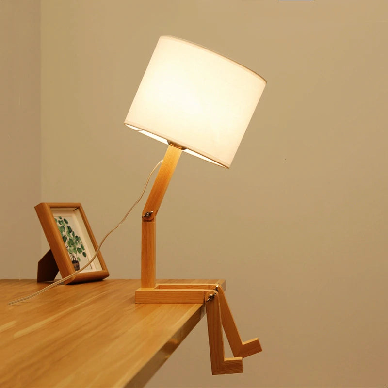 Nordic Wooden Robot LED Table Lamps Novelty E27 Fabric Bedside Art Desktop Lamp Childern Bedroom Decor Reading Book Night Lights