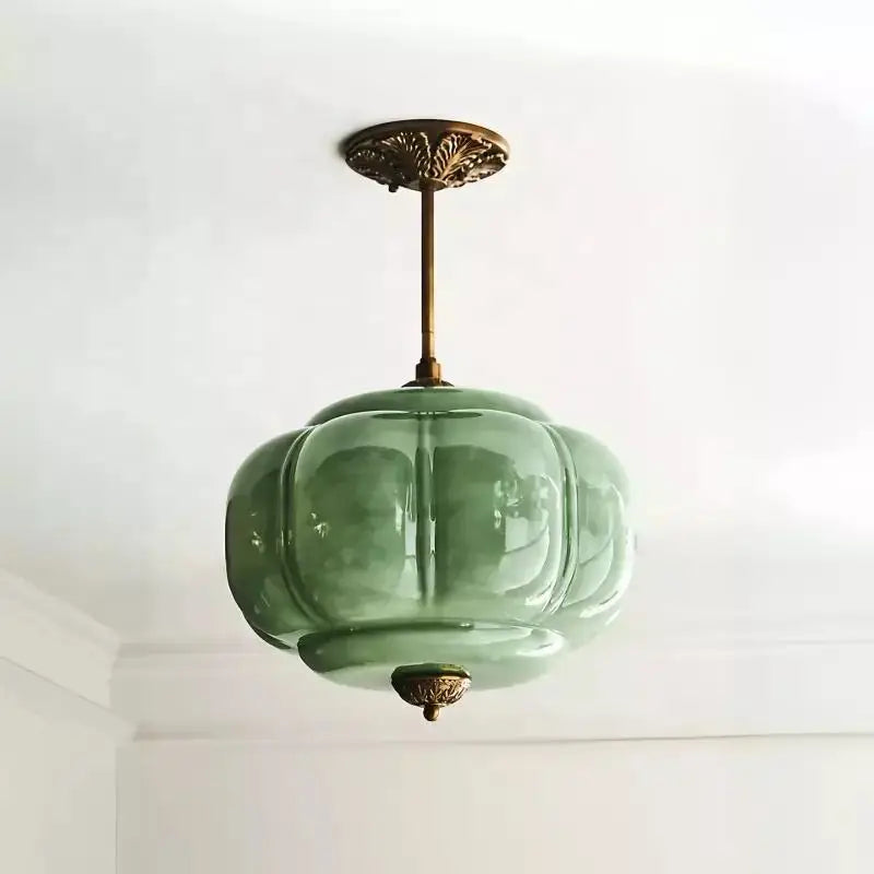 Eloise French Medieval Scallop Milk Glass Pendant Lamp - Retro Green Globe LED Dimmable Hanging Light for Homestay, Dining Room & Office Decor