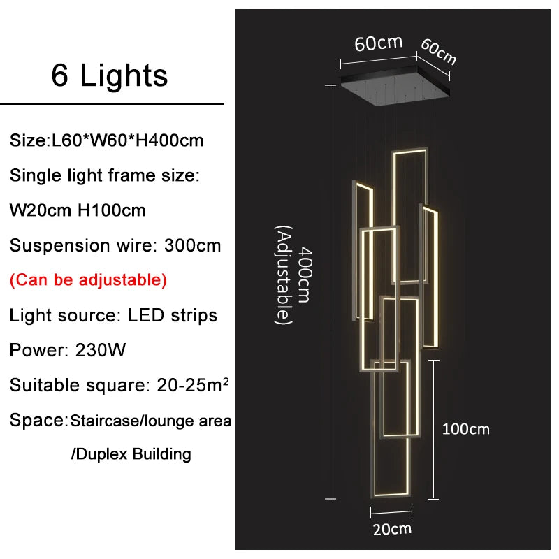 Large Modern Chandelier For Staircase Led Home Decors Hanging Lamp Black /Gold Indoor Lighting Luxury Creative Rectangle Luster's