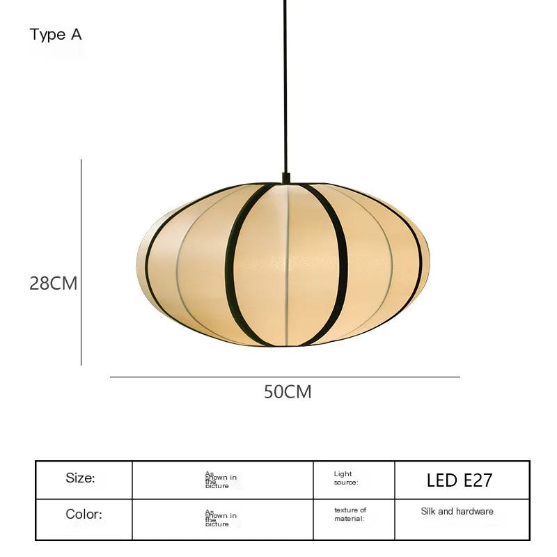 Nordic Medieval Silk Lantern LED Pendant Light - Japanese Wabi-Sabi Zen Ceiling Chandelier Lamp Fixture for Living Room, Bedroom & Home Decor