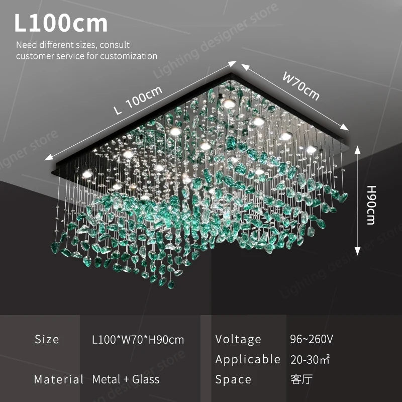 Dining Room Chandeliers Duplex Villa Hall Hanging Lamp Luxury Living Room High Ceiling Green Stone Glass LED Pendant Lights