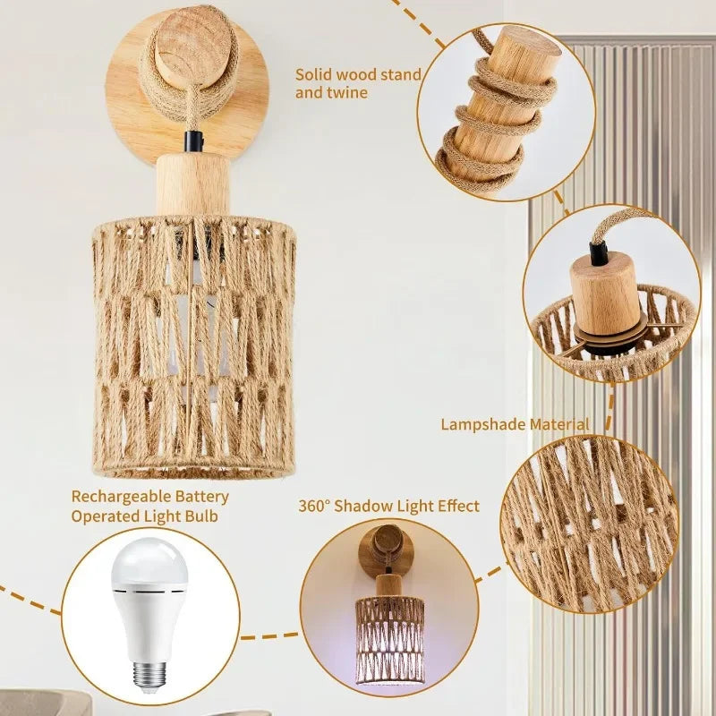 Hemp Rope Wall Sconce - Modern Farmhouse Cylinder Light for Bedroom & Hallway