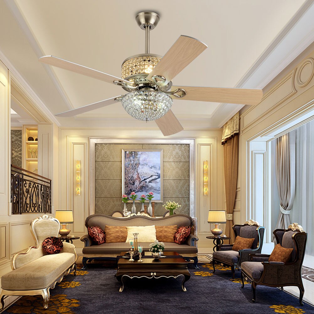 Crystal Ceiling Fan Light with Remote Control Reversible Wooden Blades Fan Chandelier for Living Room