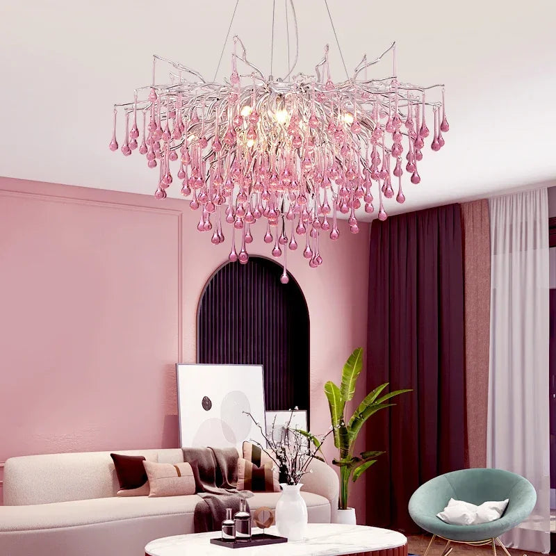 Pink Crystal Chandelier Creative Waterdrop Luxury Living Room Lights Modern Home Indoor Decor Bedroom Dining Room Pendant Lamps