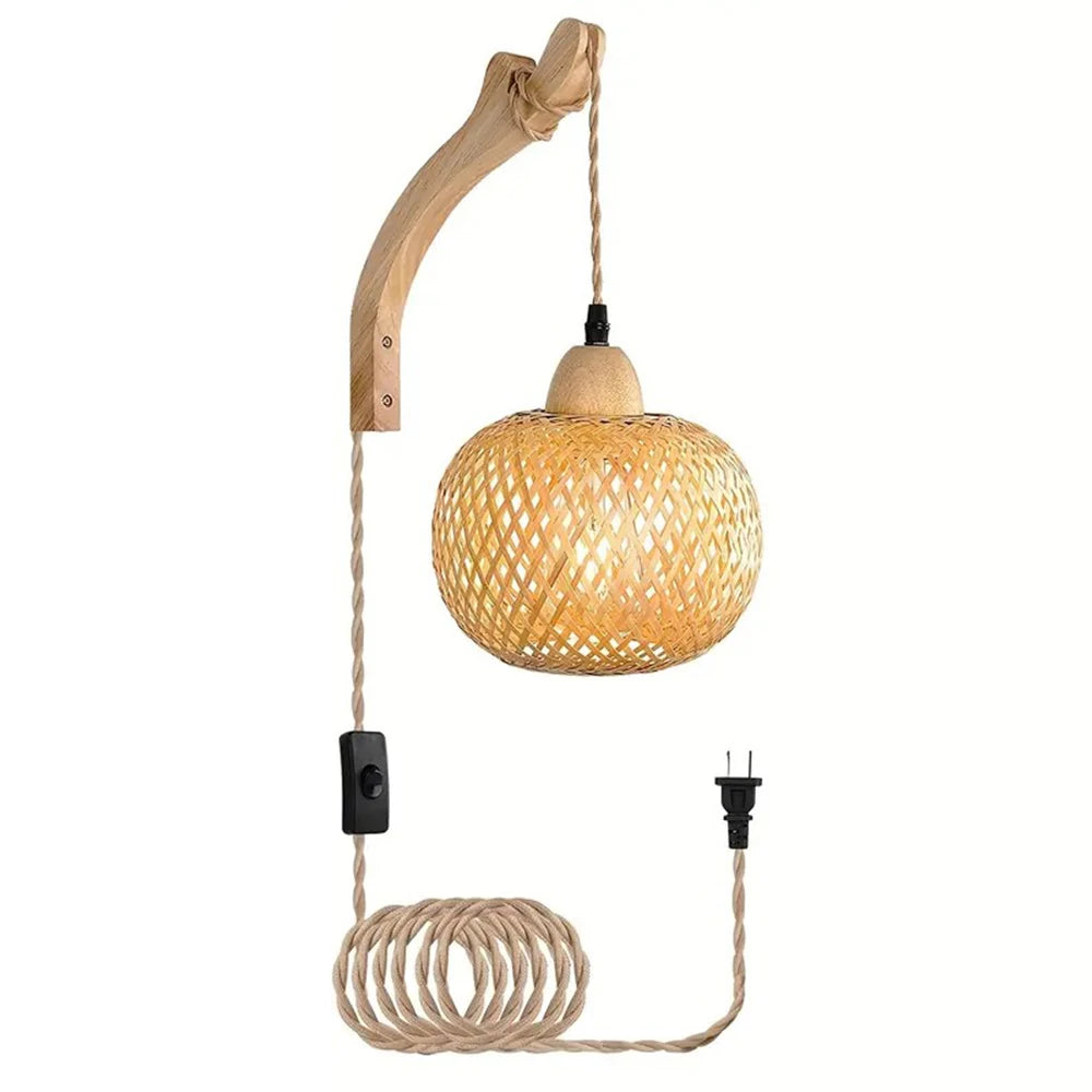 Bamboo Lantern Wall Light Natural Rattan Wicker E27 Chandeliers Hand-Woven Bamboo Lampshades Lighting Fixtures