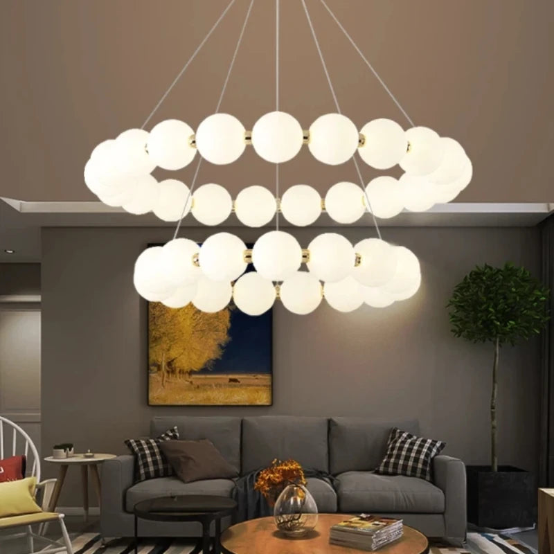Nordic Modern Minimalist Luxury LED Chandelier Cream Pearl Circle Pendant Light Home Room Decoration for Living Dinning Bar Lamp