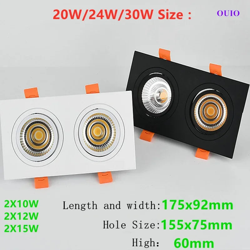 Double Head Recessed LED Downlight - 20W 24W 30W Epistar COB Ceiling Lamp