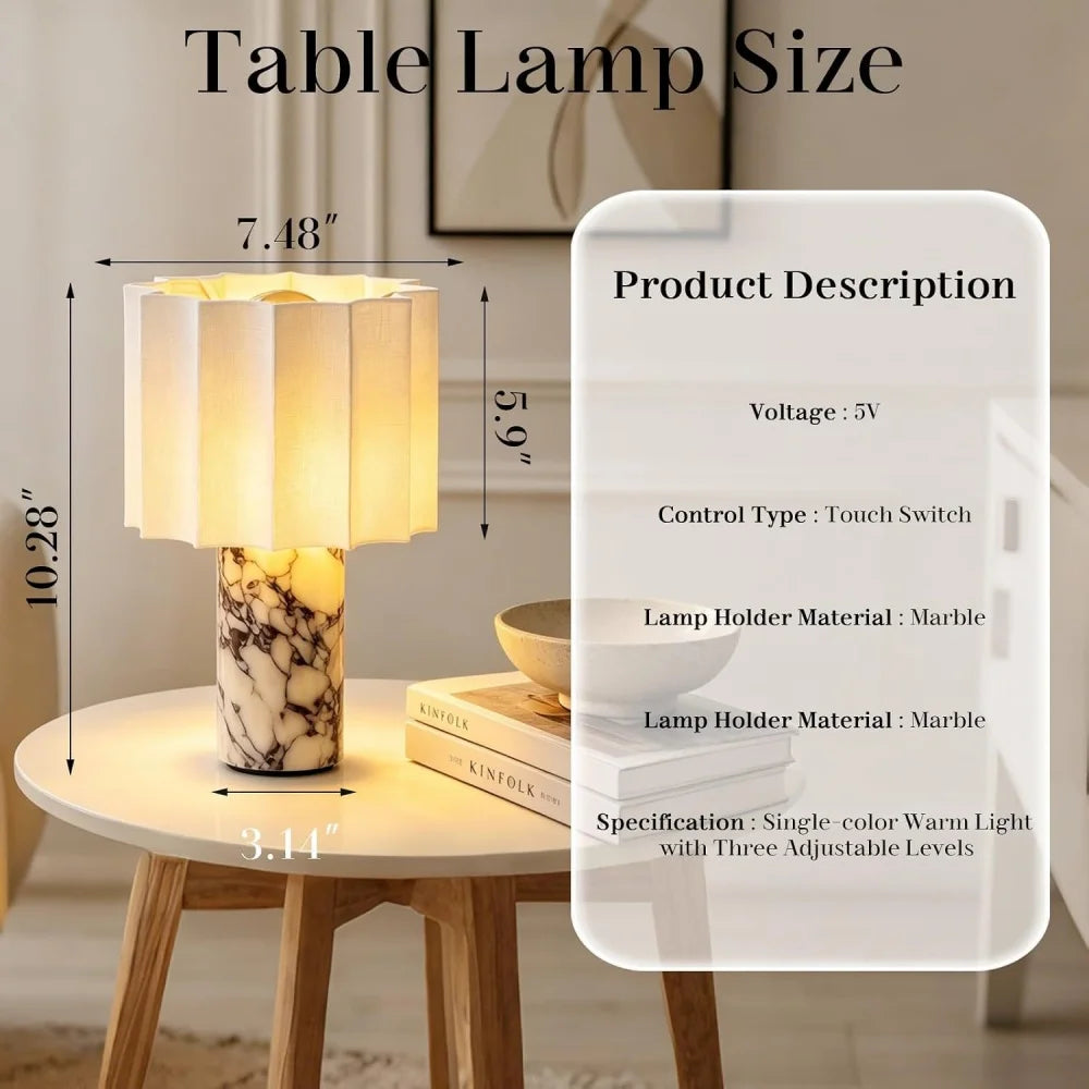 Marble Touch Table Lamp USB Rechargeable Cordless Bedroom Bedside Small Glow Night Light Stone Base and Linen Fabric Shades
