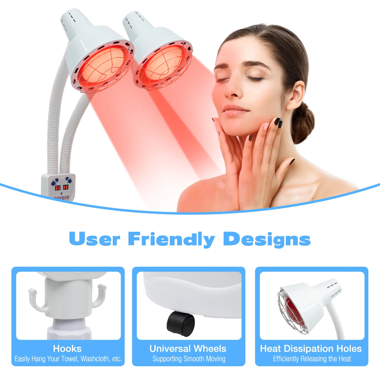 Red Light Therapy LED Electric Infrared Baking Lamp 275W Double-head 360° Adjustable Temperature Heat Lamp Remote Control With Rotating Pulley Base