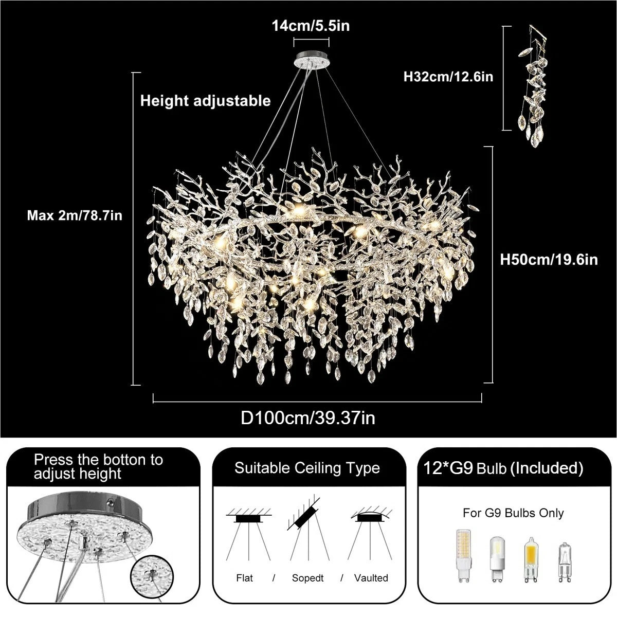 Retro K9 Crystal Tree Branch Chandelier - Modern LED Pendant Light Fixture for Villa Lobby, Foyer, Living Room & Weddings