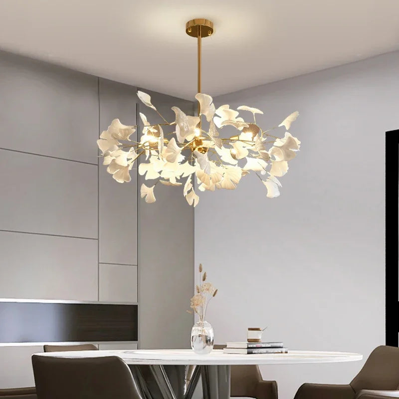 Nordic Ginkgo Leaf LED Chandelier - Modern Round Interior Hanging Light