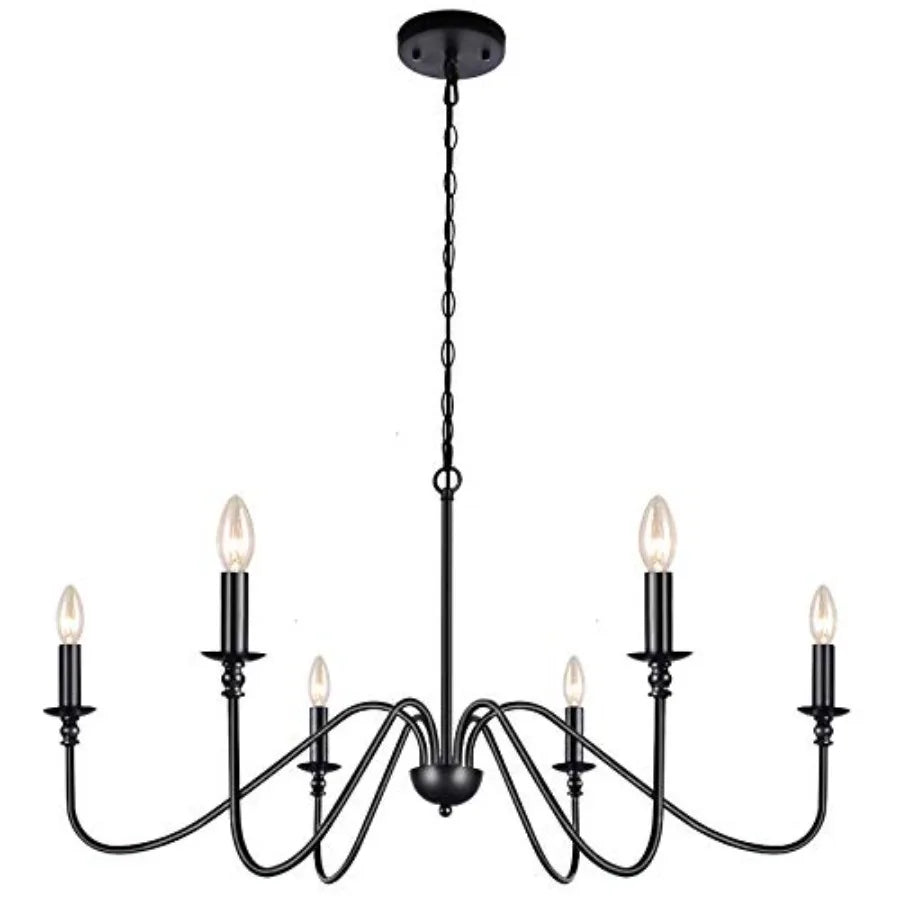 6-Light Iron Chandelier Black Farmhouse Chandelier Classic Candle Ceiling Pendant Light Fixture for Kitchen Island Dining Room