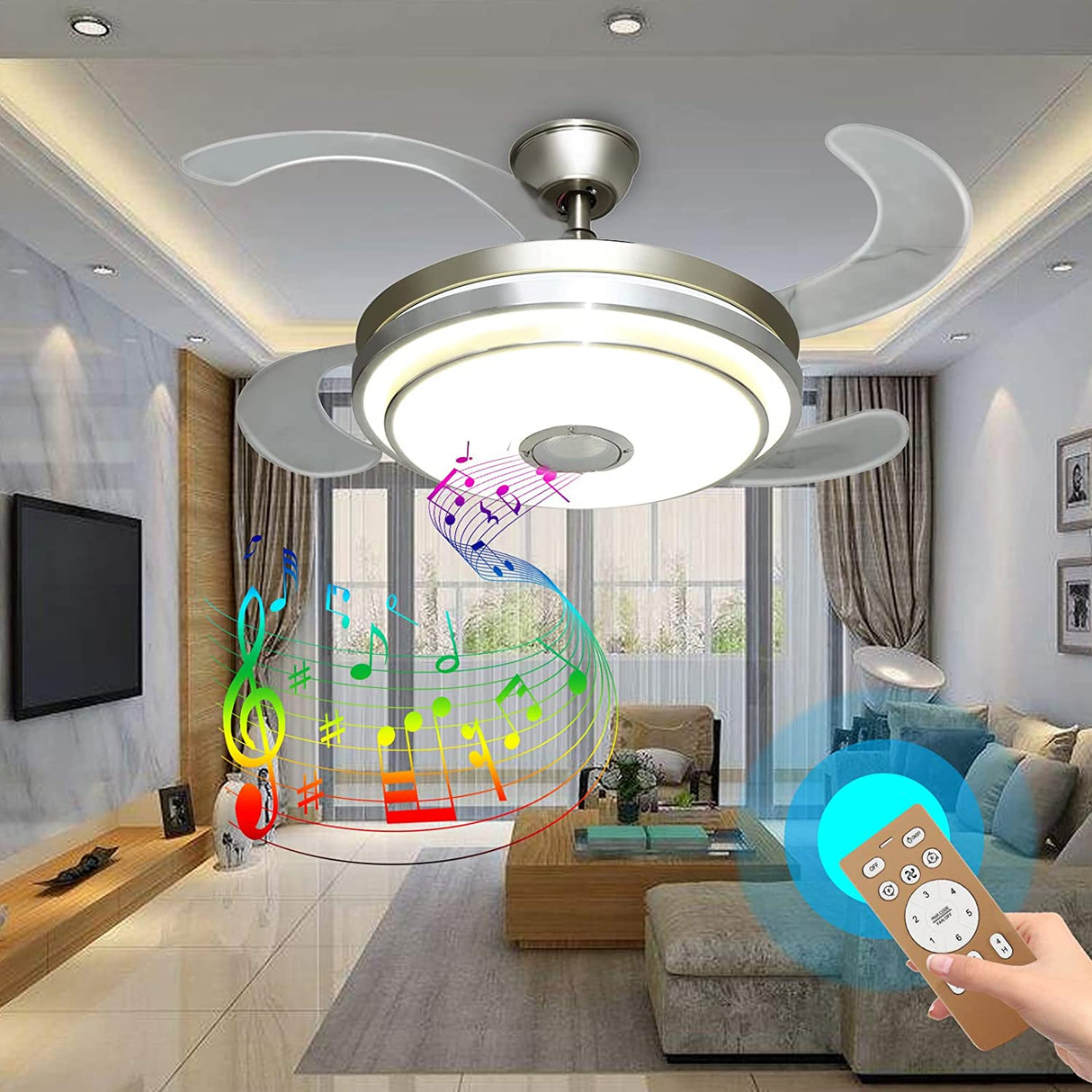 Ridgeyard Modern 42" Ceiling Fan Light Lamp LED Chandelier Changeable Color With Bluetooth Speaker Remote Control