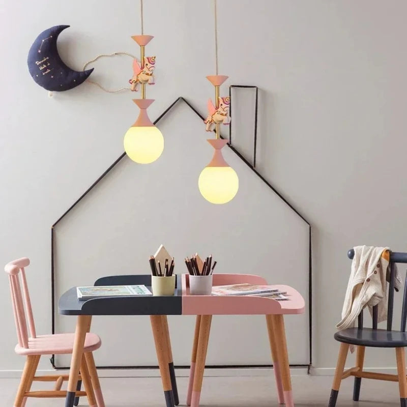 Children's Room Bedroom Pendant Light Eye Protection Cartoon LED Carousel Creative Pink Decoration Room Pendant Light
