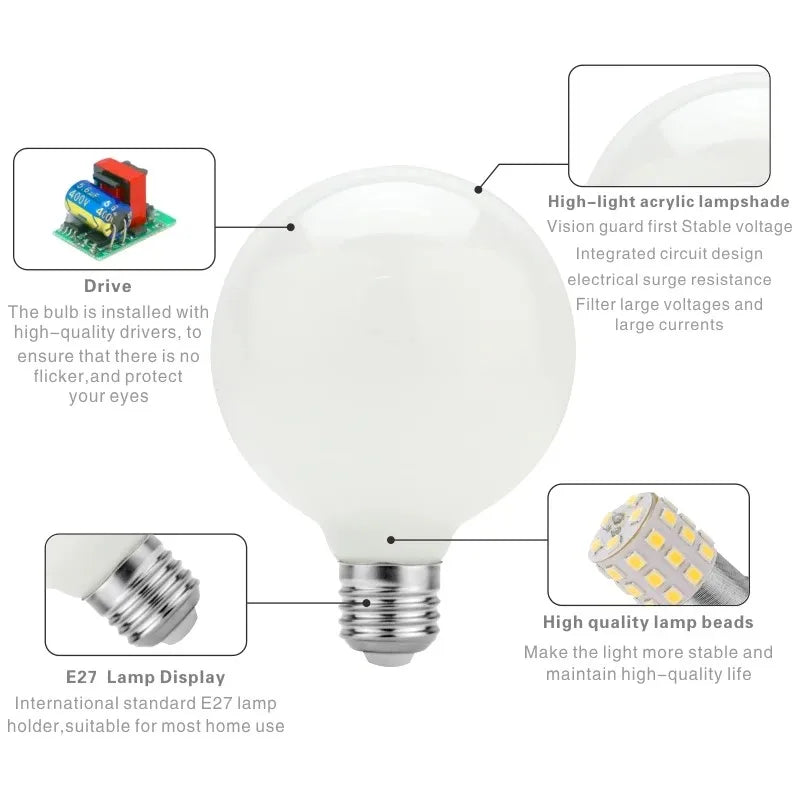 G80 G95 G125 Milky Glass Bulb E27 5W Edison LED Bulb AC110V 20V Round Bulb Cool/Warm White Lampada LED Sound Control AC 85V-265V