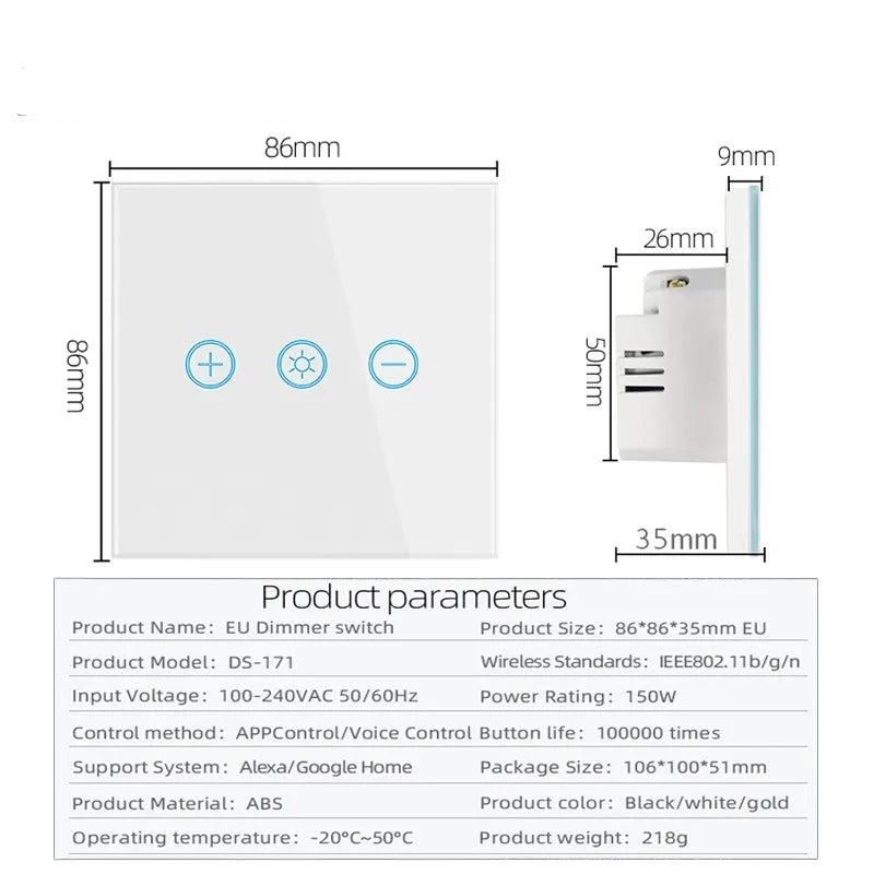 EU WiFi Smart Glass Panel Wall Touch Switch Light Dimmer Switch Smart Life Tuya APP Remote Control for Alexa Google Home