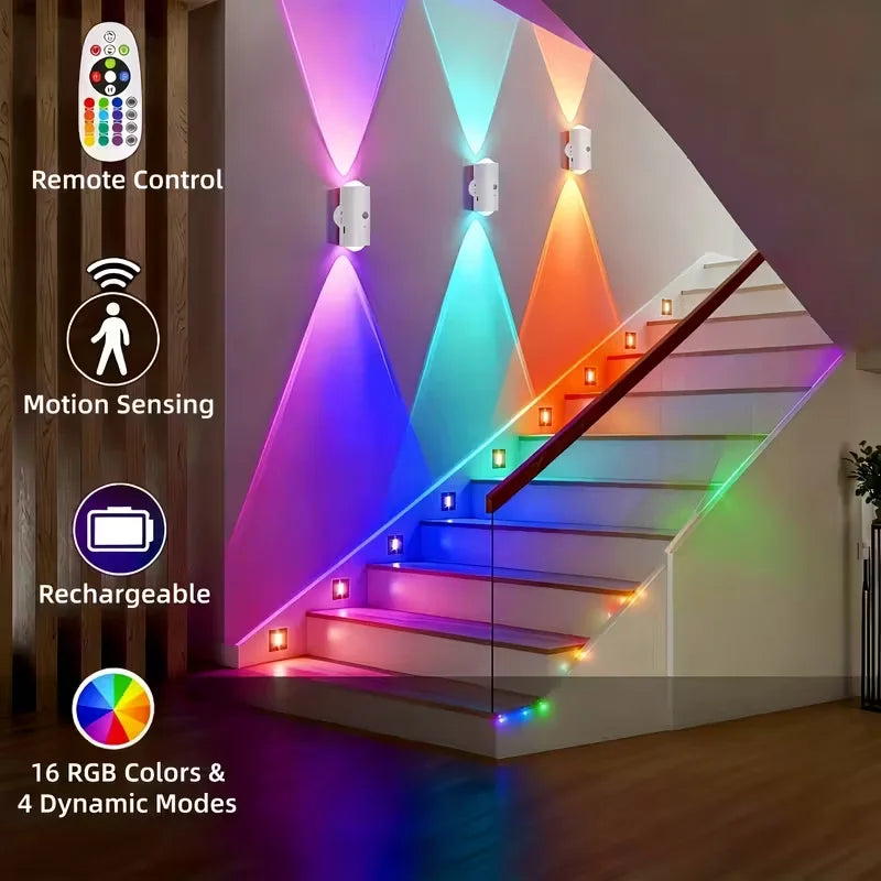 RGB Motion Sensor LED Wall Lights - Rechargeable Magnetic Night Light with Remote (16 Colors)