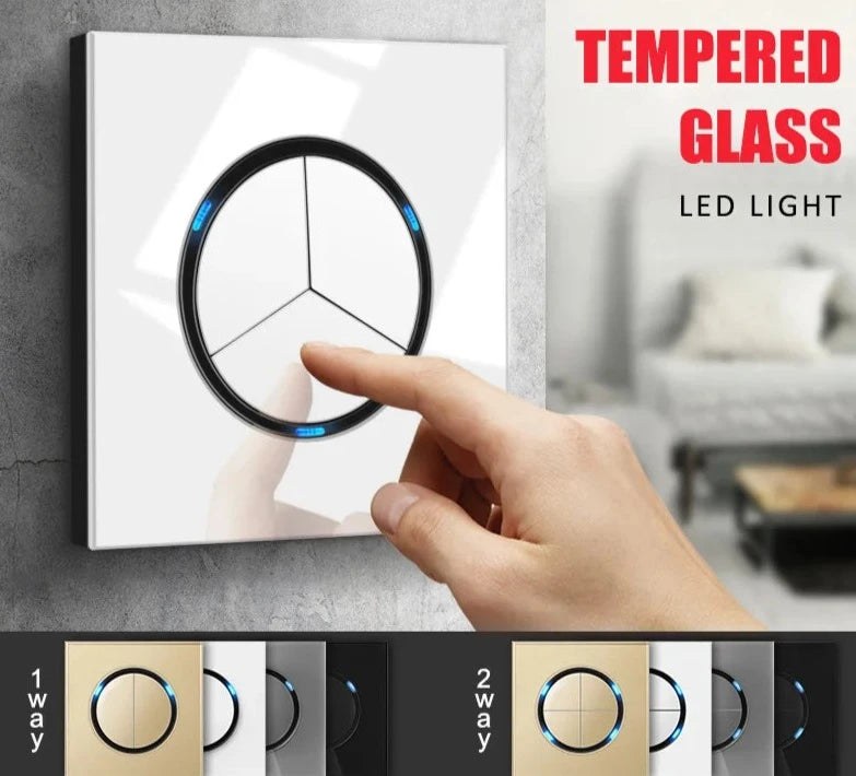 Universal Round Tempered Glass Home Wall Switch Panel LED Indicator Black/Grey/Gold/White 250V 86mm*86mm Wall Light Switch