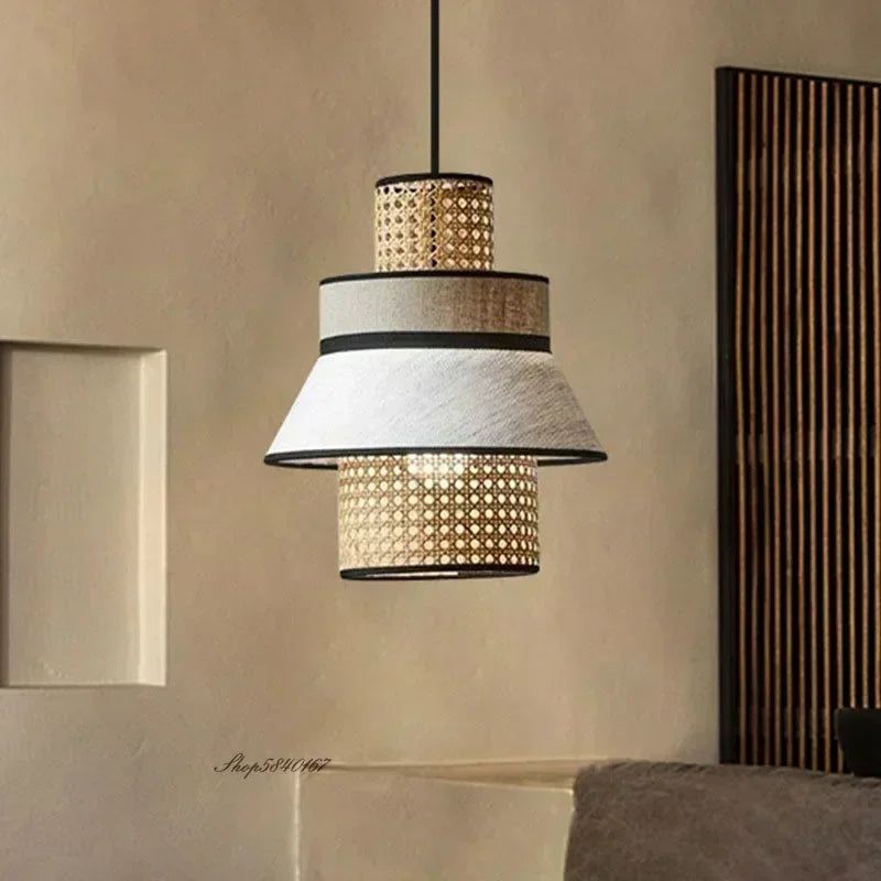 Japanese Wabi-Sabi Minimalist Cloth & Rattan Pendant Light - Woven Fabric Hanging Ceiling Lamp Fixture for Living Room, Dining Room & Kitchen