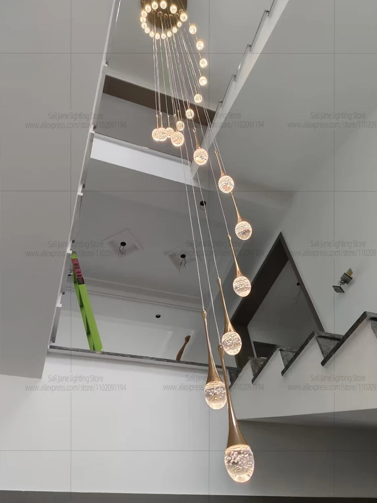 Nordic Minimalist Crystal Raindrop Pendant Light LED Staircase Chandelier For High Ceiling Villa Duplex Home Decor Living Room