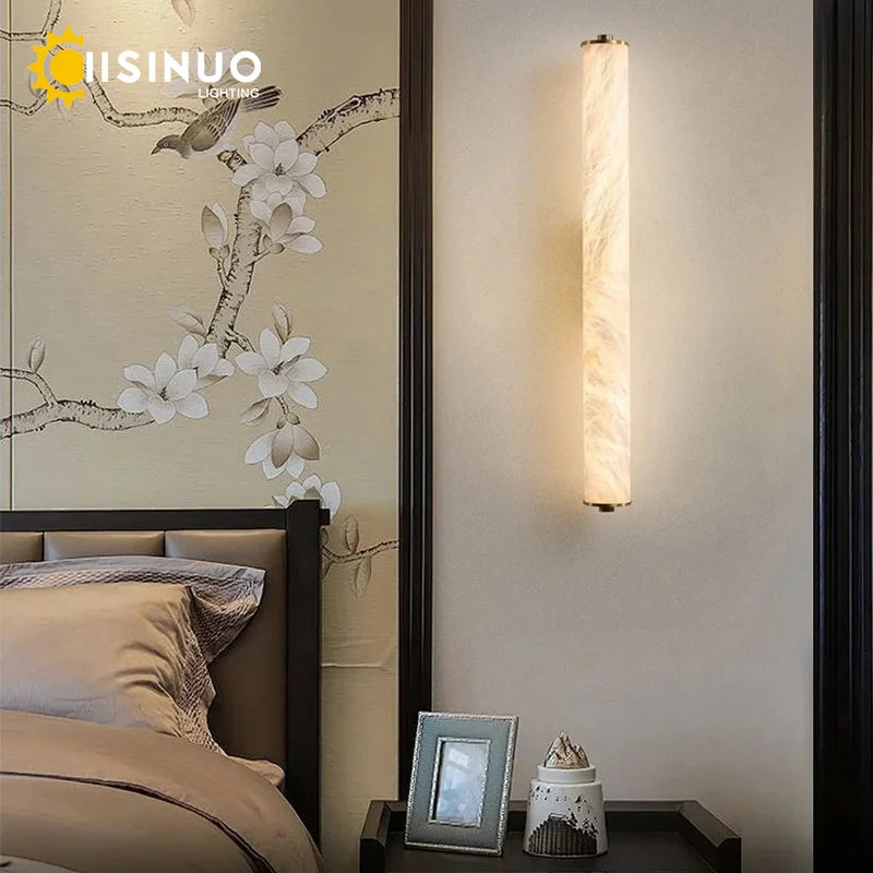 Spanish Natural Marble Wall Sconce Lamp - Cylindrical Up & Down LED Wall Light Fixture for Bathroom, Bedroom, Stairs & Parlor Decor