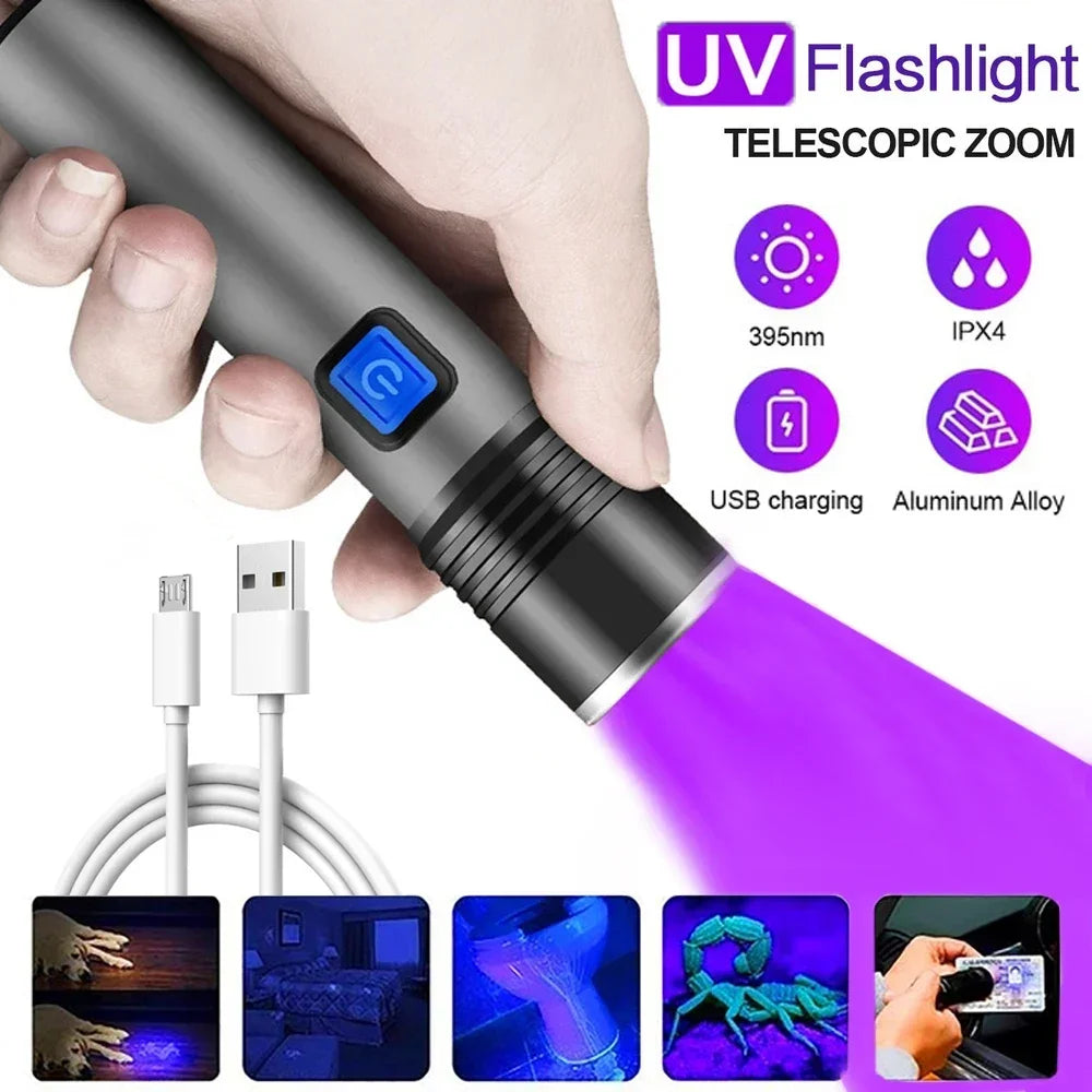 395NM UV Flashlight Rechargeable Ultraviolet Torch Pet Urine Scorpion Detector UV Lamp Anti-counterfeiting Bill Seal Detector
