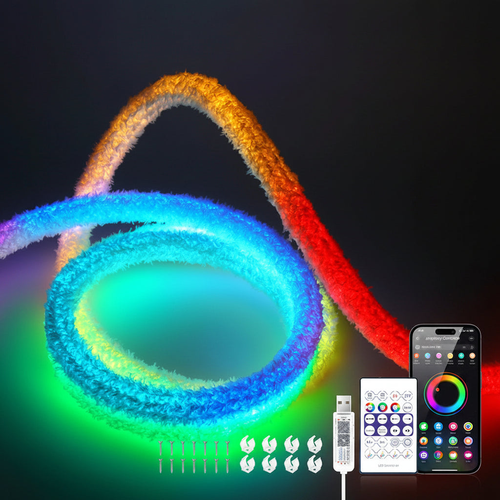 Fluffy Velvet RGB Neon LED Strip Light - 360° Round Tube WS2812B USB Light