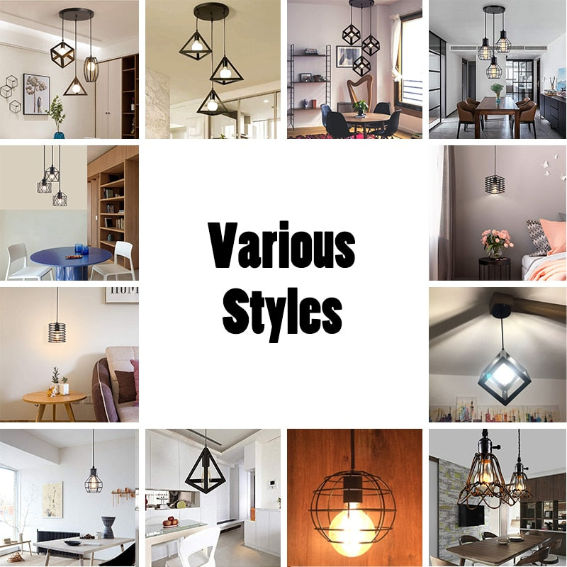 Modern Cage Pendant Light E27 Iron Minimalist Vintage Scandinavian Loft Pyramid Pendant Lamp Metal Hanging Ceiling Lamp Fixtures