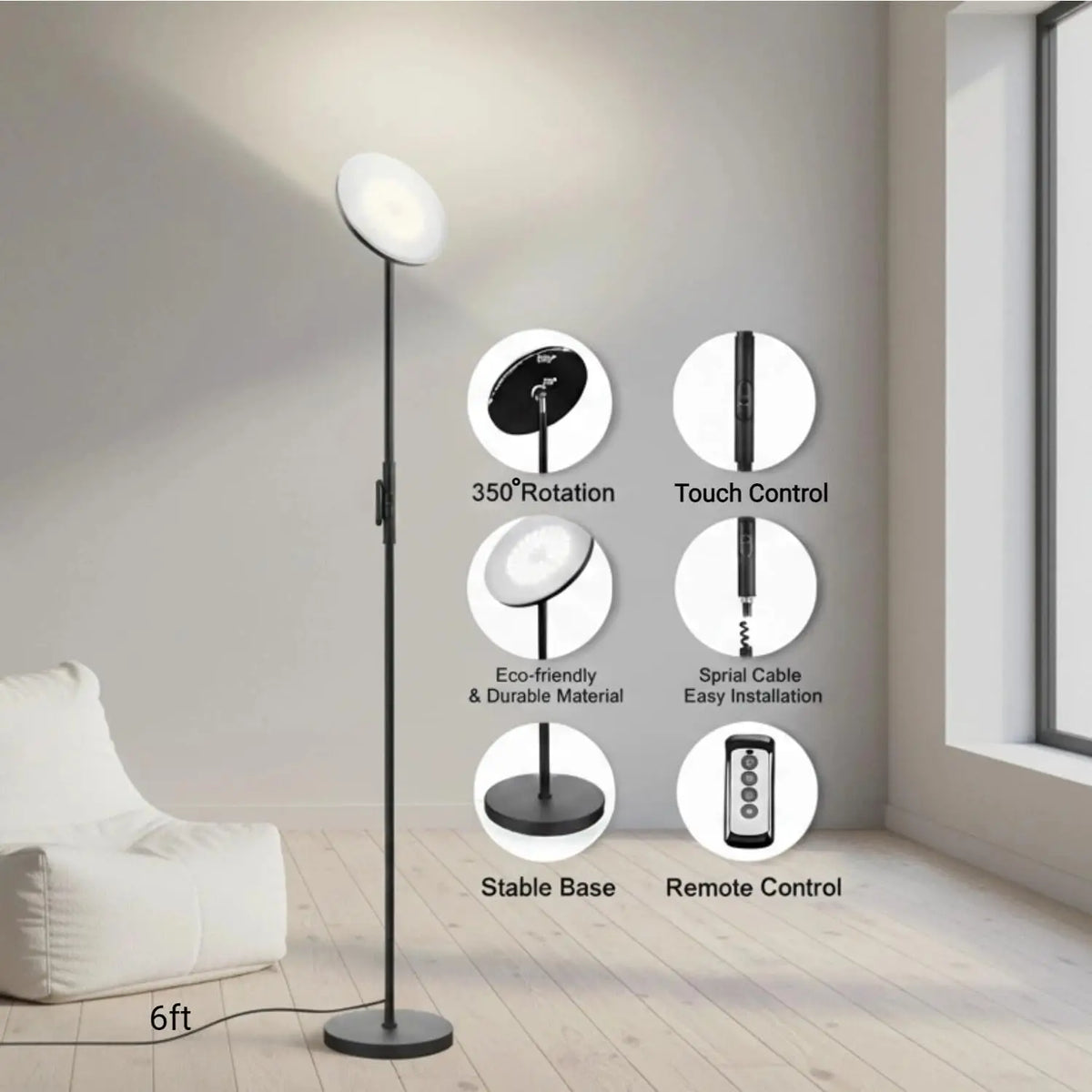 Remote-Controlled LED Torchiere Floor Lamp - Stepless Dimmable Upward Standing Light Fixture for Living Room, Bedroom Bedside & Office Lighting