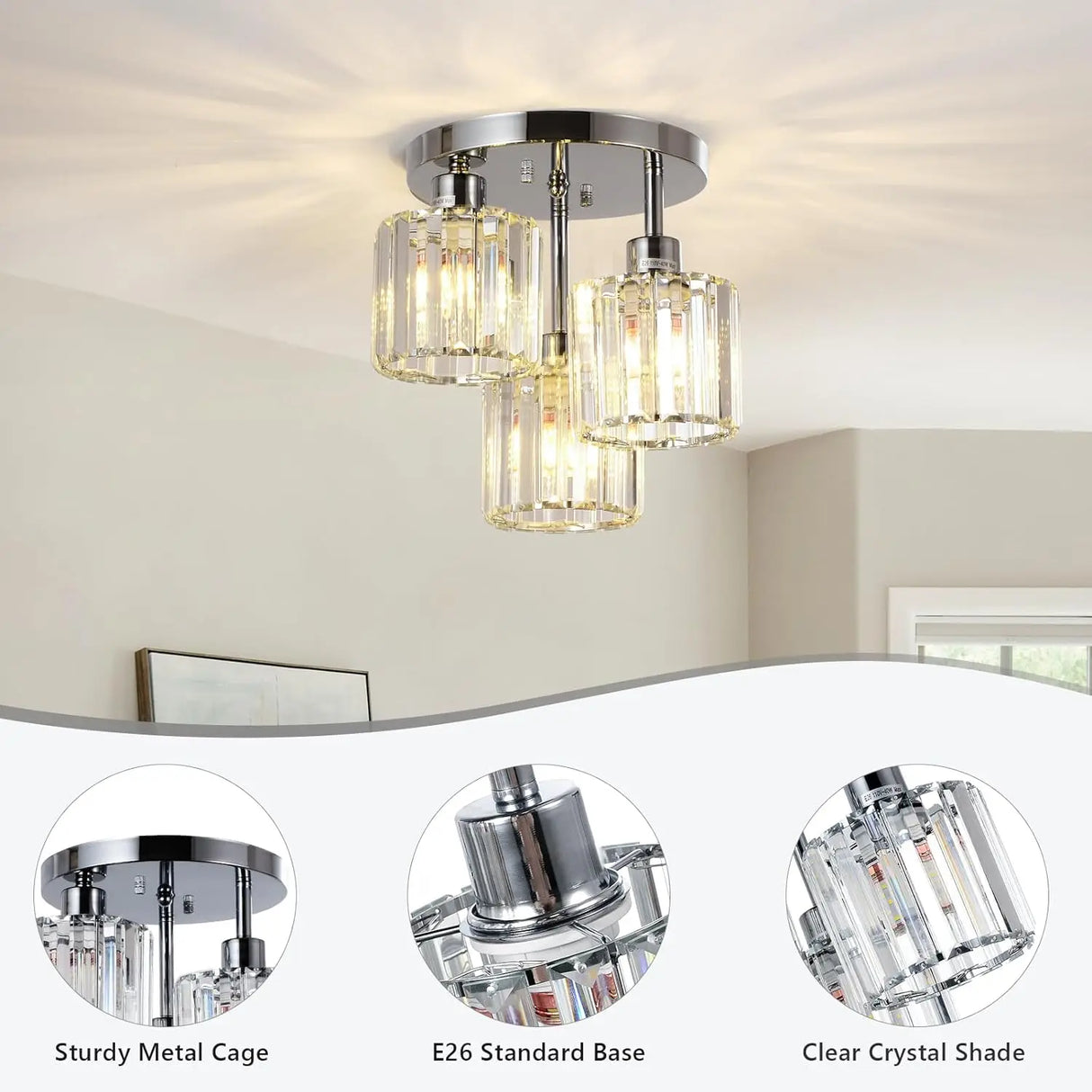 Modern Semi Flush Mount Ceiling Light, 3-Light Crystal Gold Close to Ceiling Fixture, Clear Crystal Shade for Kitchen Hallway Ba