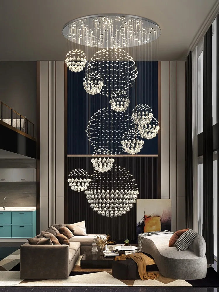 Modern LED Crystal Ball Chandeliers For Staircase Living Room Spiral Pendant Hanging Light Hall Villa Lobby Lamp Lustre Fixtures