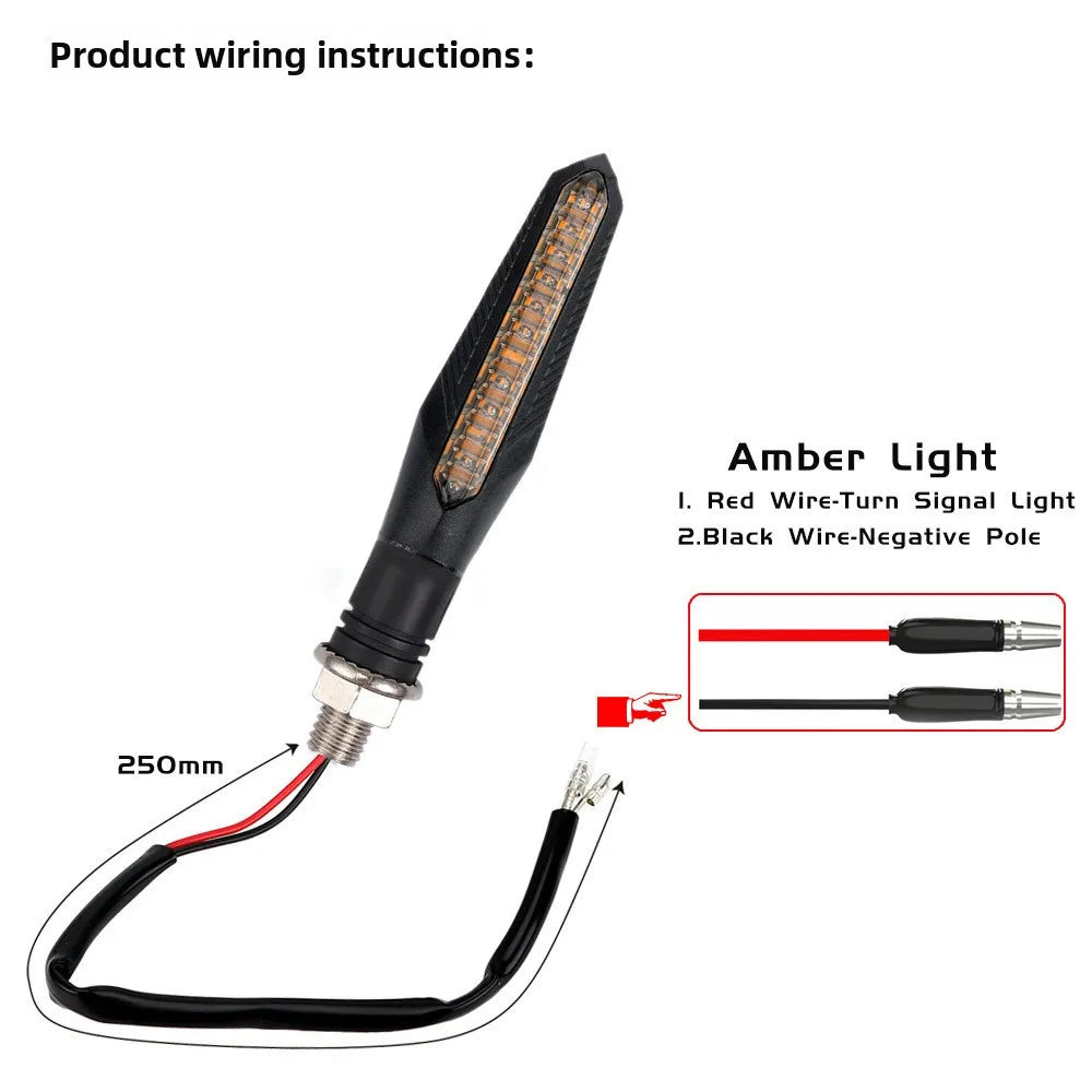 Flowing Water LED Motorcycle Turn Signals (2 Pcs) - 12-LED Amber Sequential Blinkers with Built-In Relay, 10mm Thread Universal Fit