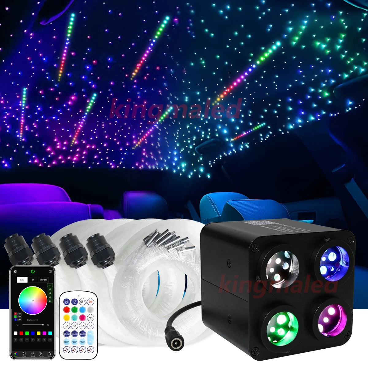 36W 4-Port RGBW Twinkle & Meteor Fiber Optic Kit - High Power Shooting Star Headliner Engine with App Control - Professional Car & Home Star Ceiling