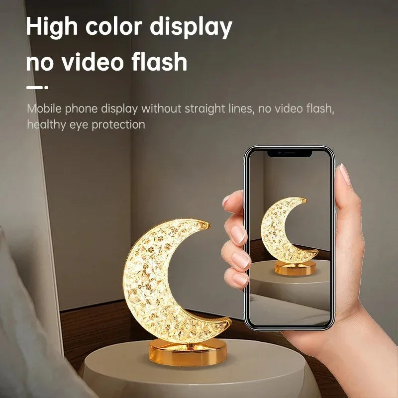 3D Moon Crystal Table Lamp - Touch Dimming USB Rechargeable Night Light for Bedroom, Girls Room Aesthetic Decor