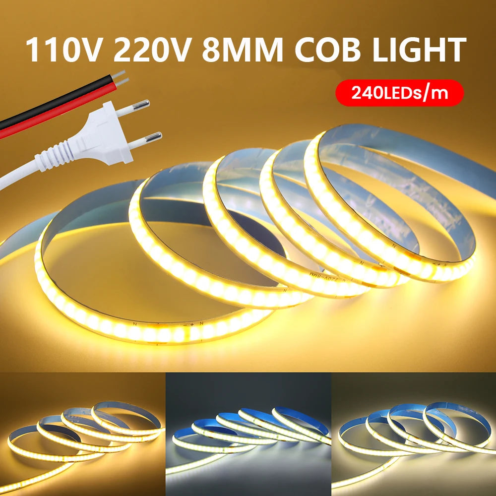 5M 10M 15M 20M 110V 220V COB LED Strip Light Super Bright 240LEDs/M 2PIN Wire Tape Flex Ribbon EU US Plug Room Lighting 8MM PCB