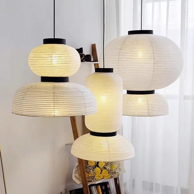 Japanese Wabi-Sabi Rice Paper LED Pendant Light - Organic White Paper Lantern Chandelier Fixture for Living Room Ceiling Decor