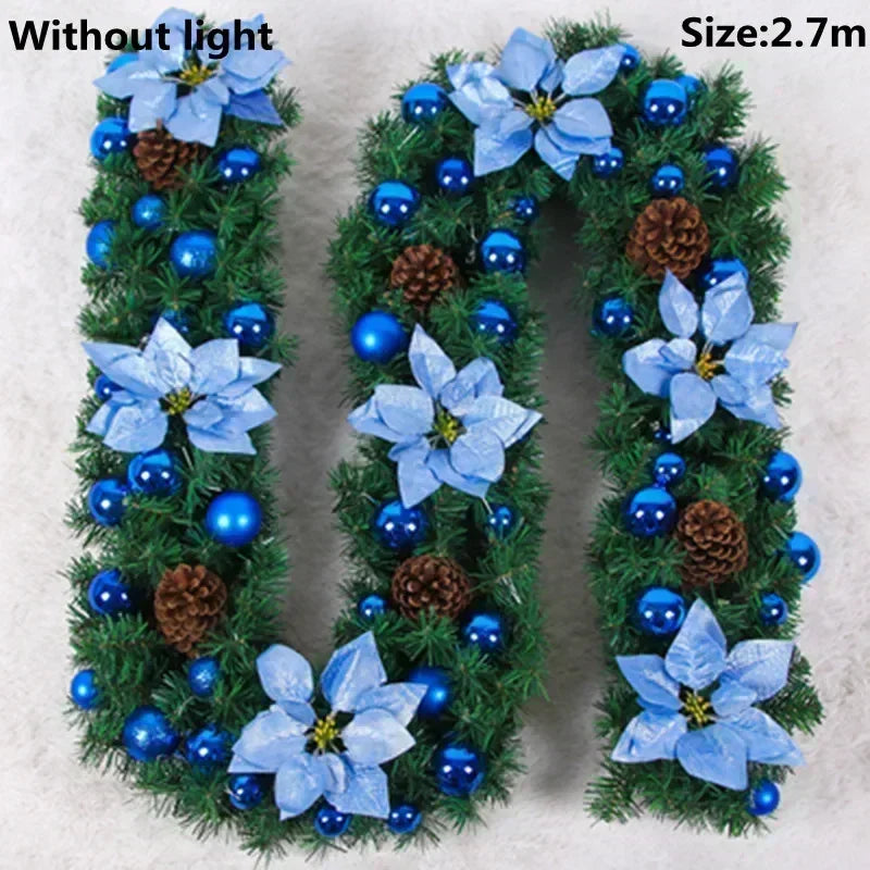 Christmas LED Rattan Garland 2.7m Artificial Xmas Tree Wreath, Decorative Banner for Home Fireplace Door Staircase Party Decor