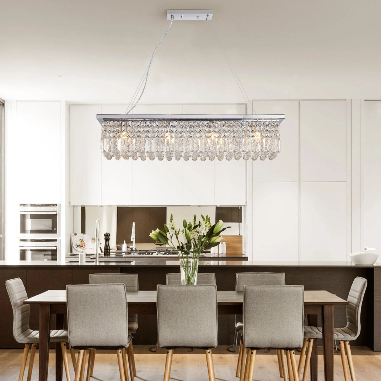 8-Light Modern Crystal Chandelier Chrome color Rectangle Chandelier Contemporary Pendant Light Fixture (Bulb Not Included)
