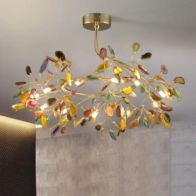 Modern Colorful Agate LED Ceiling Chandeliers Lighting Romantic Leaves Shape Pendant Lamp Living Dining Room Bedroom Decor Light