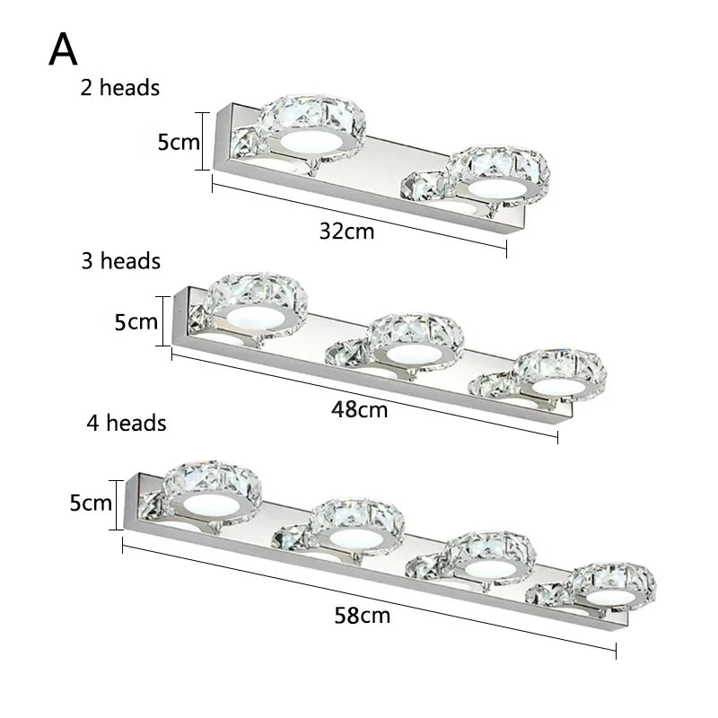 Square LED Mirror Light Bathroom Cosmetic room Round Crystal Wall Lamps 2-4head Stainless Steel indoor Lighting fixture