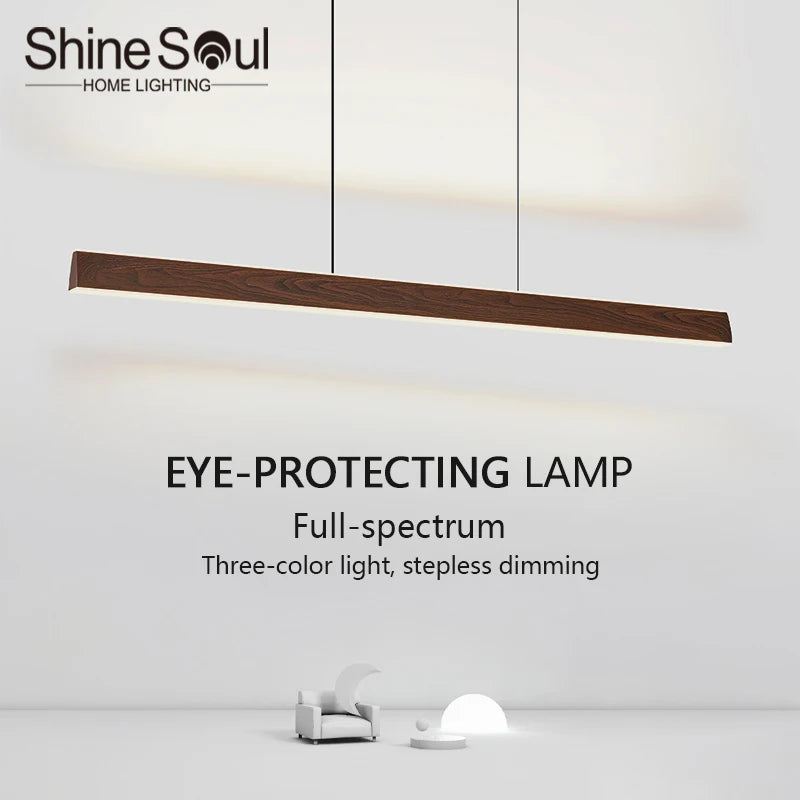 Walnut Led Pendant Light Long Strip Dining Room Kitchen Island Dimmable Droplight Bar Counter Living Room Decor Hanging Light